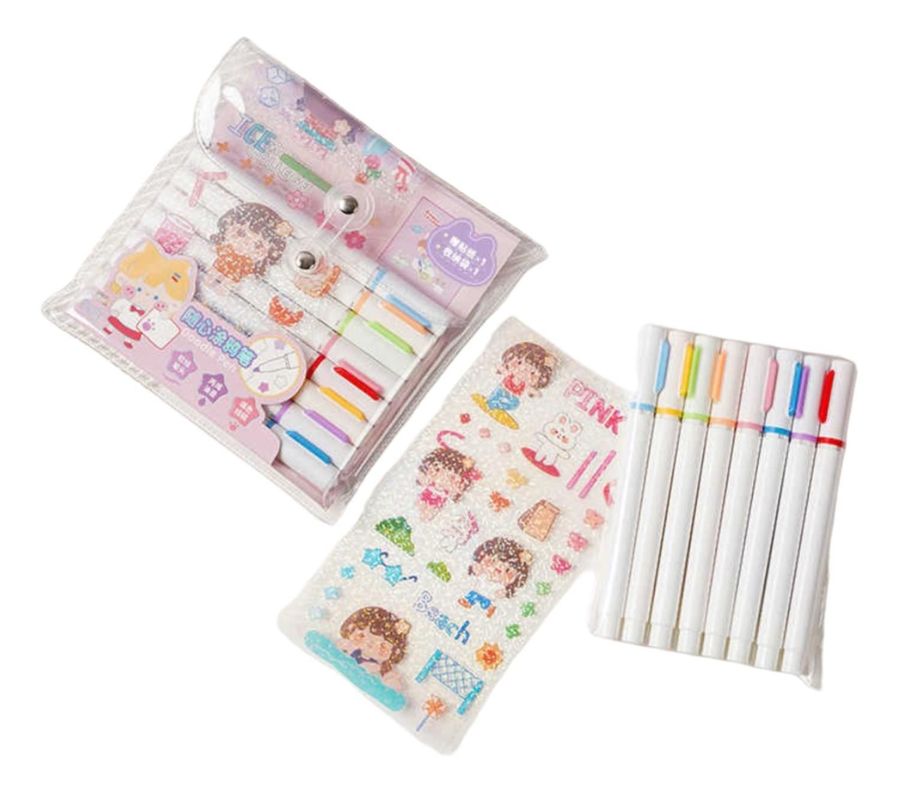 Set 8 Marcadores Acrilicos Punta Pincel + Stickers Y Estuche-0