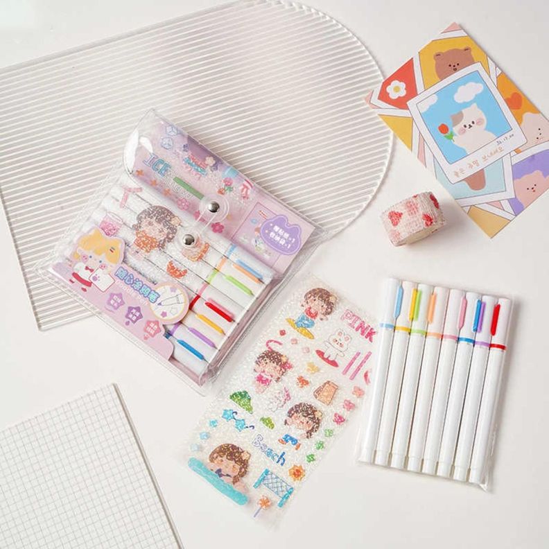 Set 8 Marcadores Acrilicos Punta Pincel + Stickers Y Estuche-1