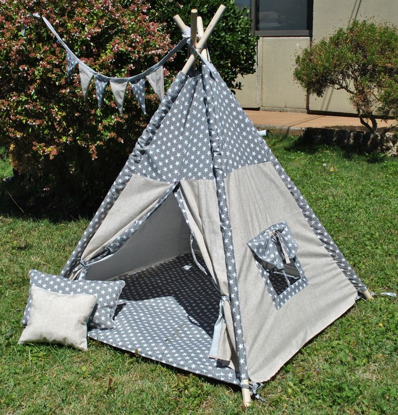 Carpa Tipi Infantil Algodón modelo Star Gris-2