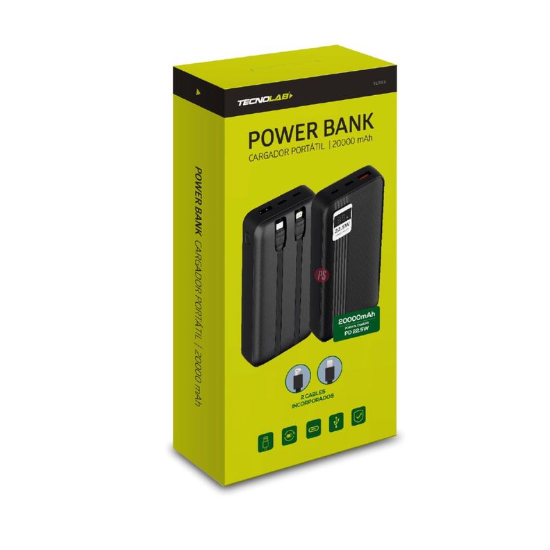 Power Bank 20000mAh 22.5W + 2 Cables Incluidos Negro - PS-2