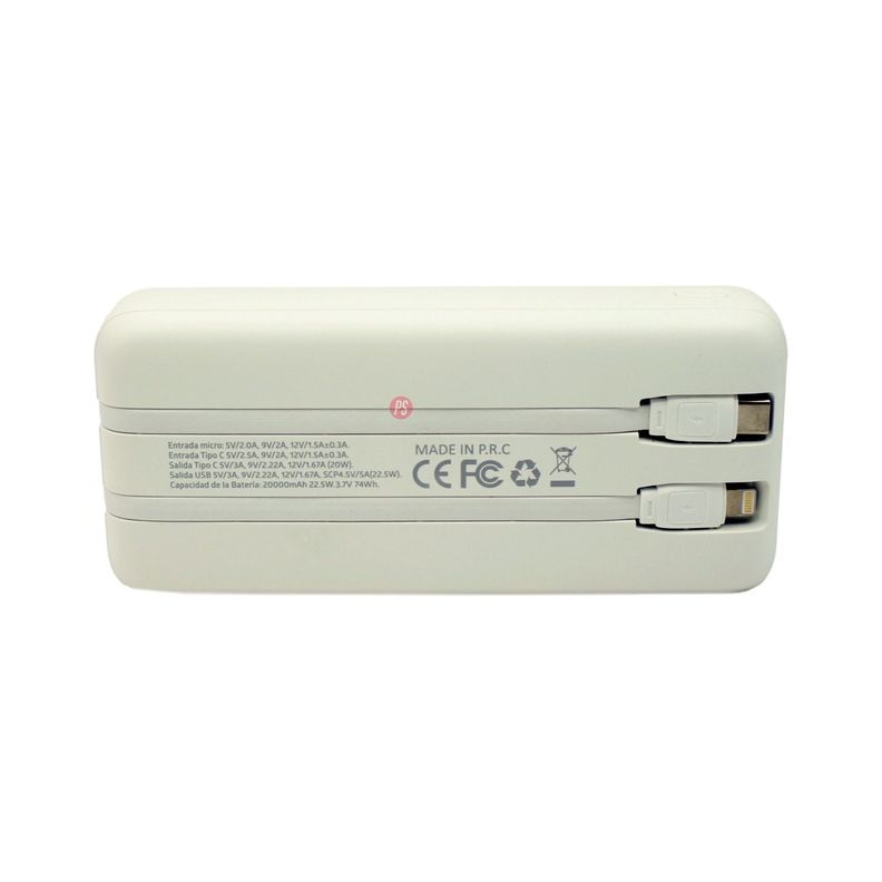 Power Bank 20000mAh 22.5W LED Display + Cables Blanco - PS-2