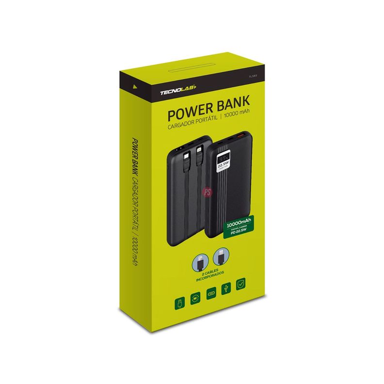Power Bank 10000mAh 22.5W + 2 Cables Incluidos Negro - PS-2