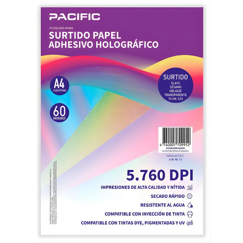 Papel Adhesivo Holografico 60 Hojas Surtido A4 PS