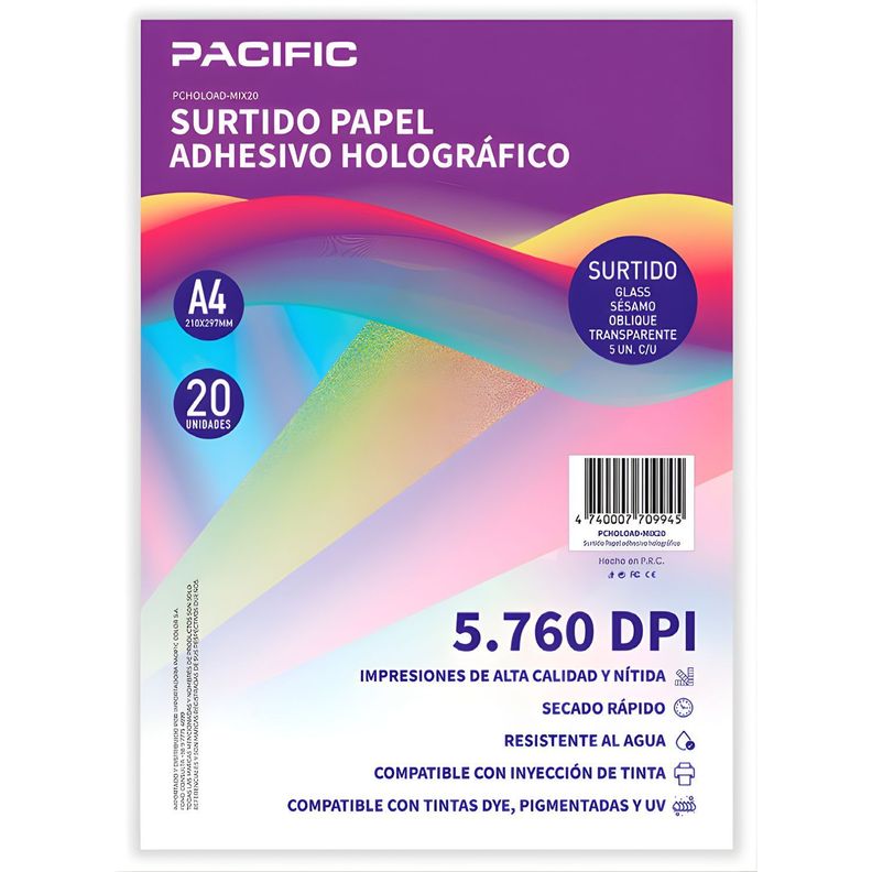 Papel Adhesivo Holografico 20 Hojas Surtido A4 PS