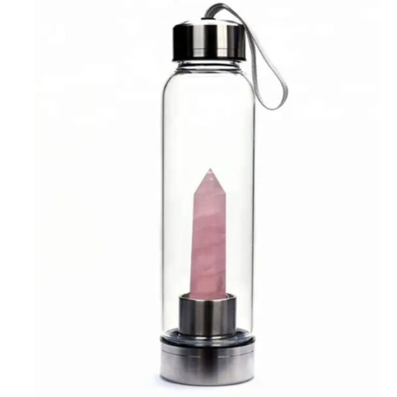 Botella de Vidrio para Agua con Cuarzo ROSA Yoga Meditación-0