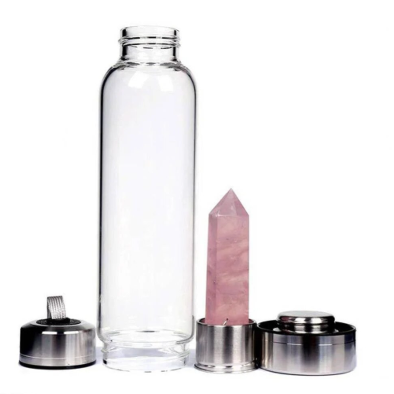 Botella de Vidrio para Agua con Cuarzo ROSA Yoga Meditación-1