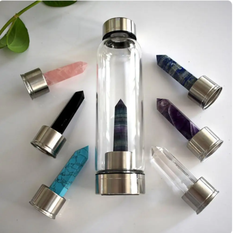 Botella de Vidrio para Agua con Cuarzo ROSA Yoga Meditación-3