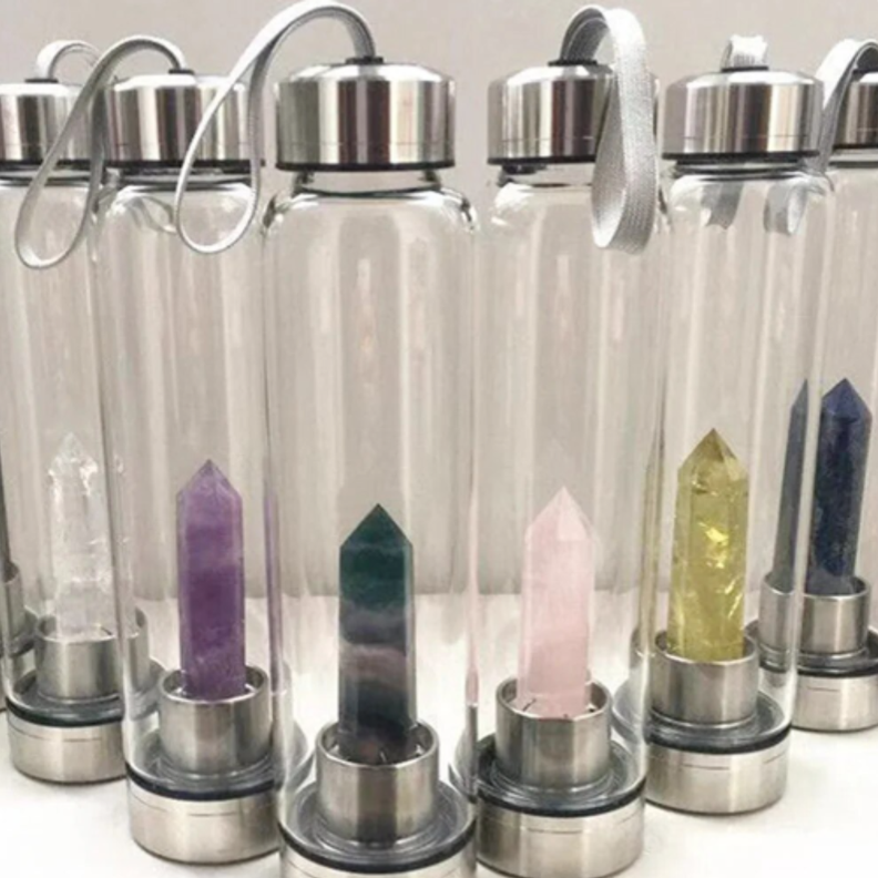 Botella de Vidrio para Agua con Cuarzo ROSA Yoga Meditación-4
