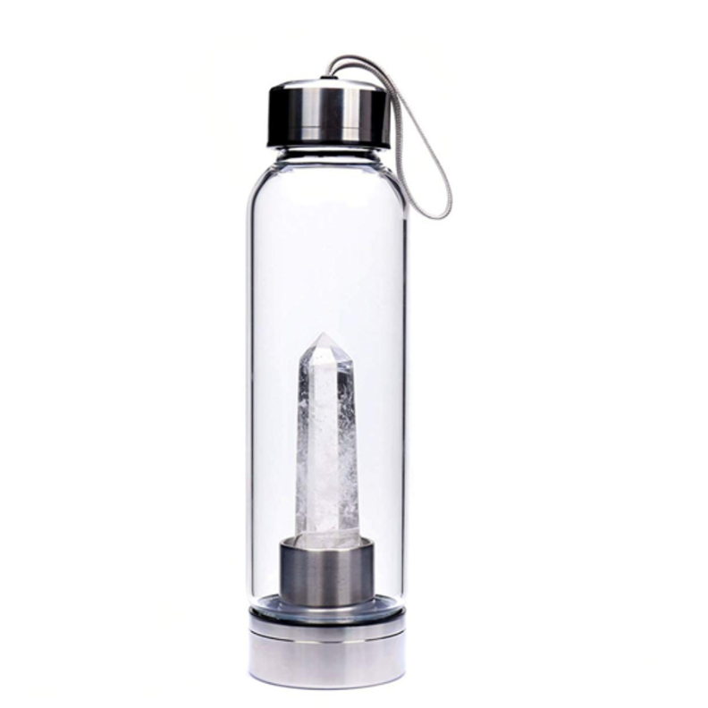 Botella de Vidrio para Agua con Cuarzo ROSA Yoga Meditación-0