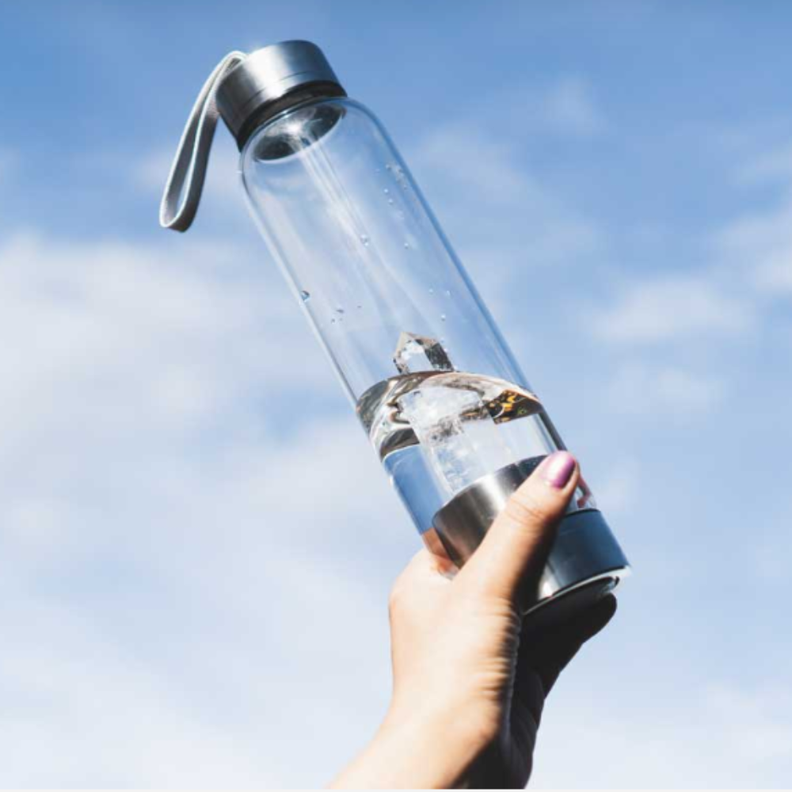 Botella de Vidrio para Agua con Cuarzo ROSA Yoga Meditación-1