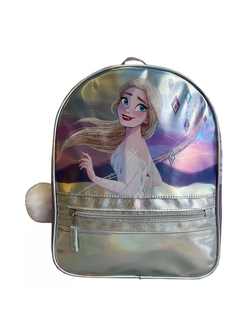 Mochila Metalizada Frozen Accesorio Pompom Niñas Color Plateado-0