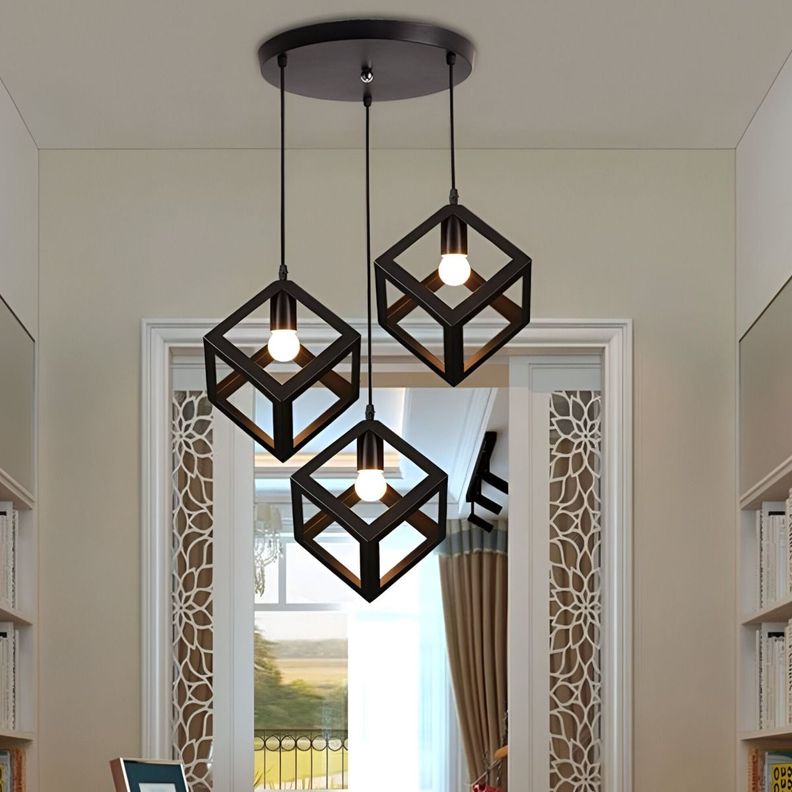 Lámpara Colgante Techo LED 3 Cubos Hierro Negro E27 Jhn-2
