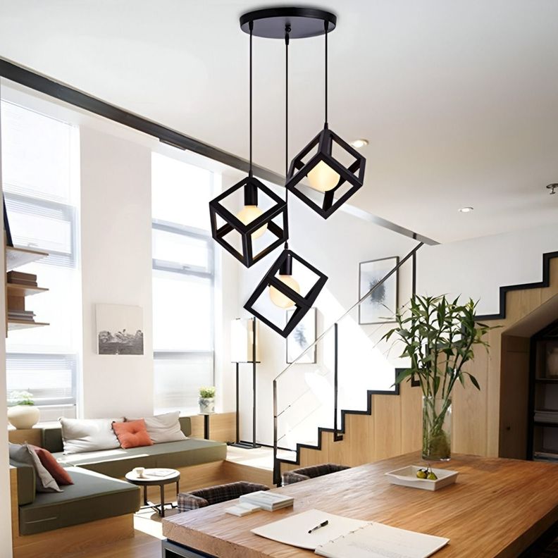 Lámpara Colgante Techo LED 3 Cubos Hierro Negro E27 Jhn-4