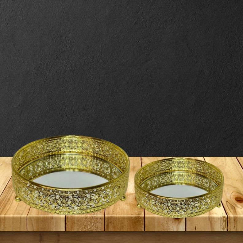 Bandeja Decorativa Redonda Filigrana Dorada Espejada Jhn-6