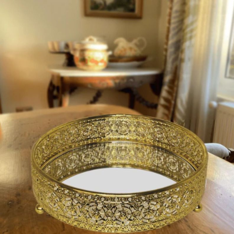 Bandeja Decorativa Redonda Filigrana Dorada Espejada Jhn-8