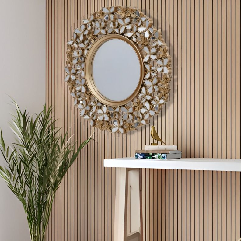 Espejo Decorativo Marco Dorado Mariposas Redondo 60cm Jhn-7