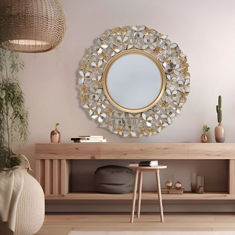 Espejo Decorativo Marco Dorado Mariposas Redondo 60cm Jhn-8