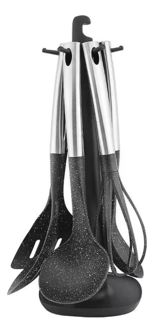 Set Utensilios 7 Piezas Cocina Mango Acero Inoxidable Plata-0