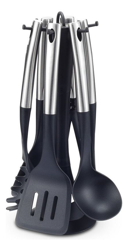 Set Utensilios 7 Piezas Cocina Mango Acero Inoxidable Plata-1