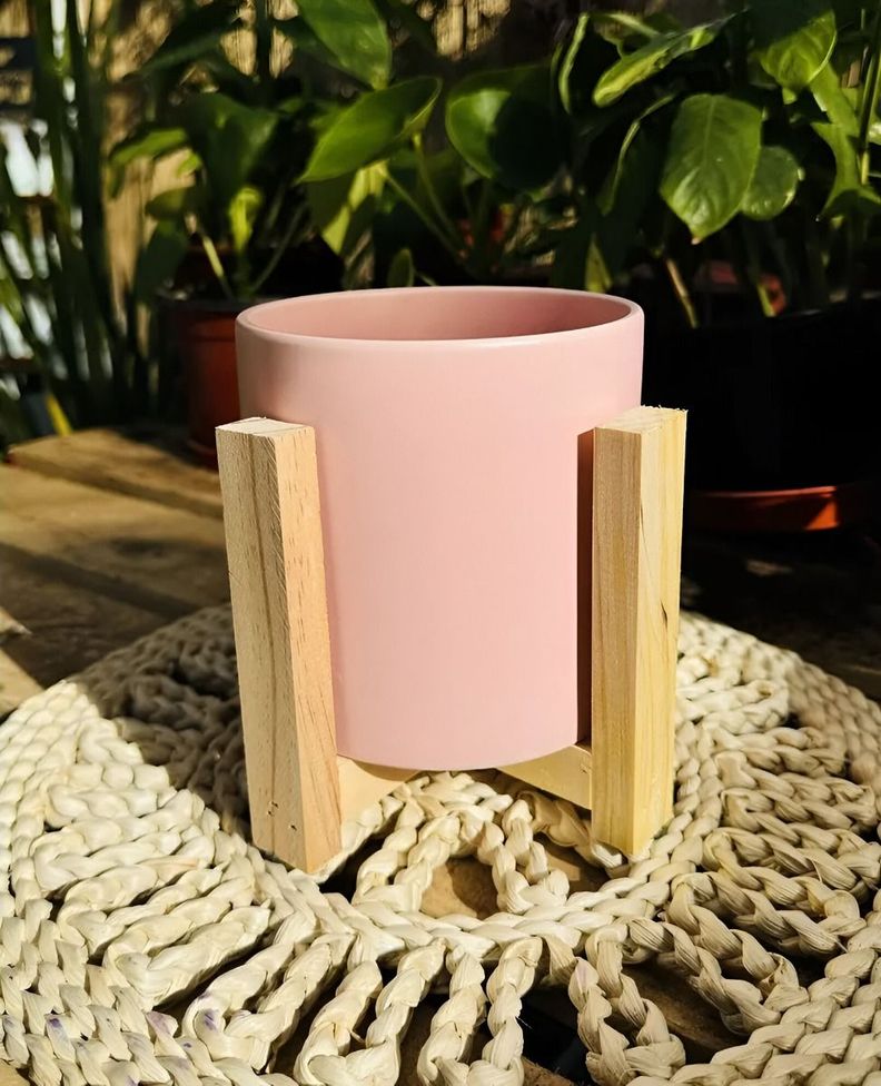 Maceta Cerámica Creativa Nórdica Soporte Madera Jhn-2