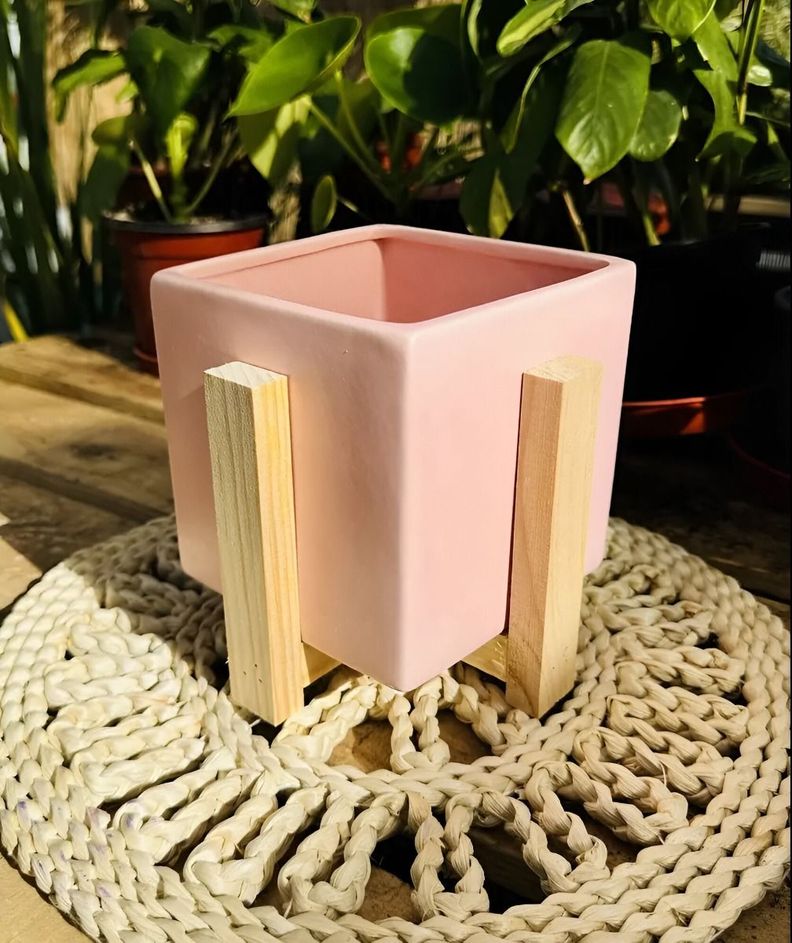 Maceta Cerámica Creativa Nórdica Soporte Madera Jhn-3