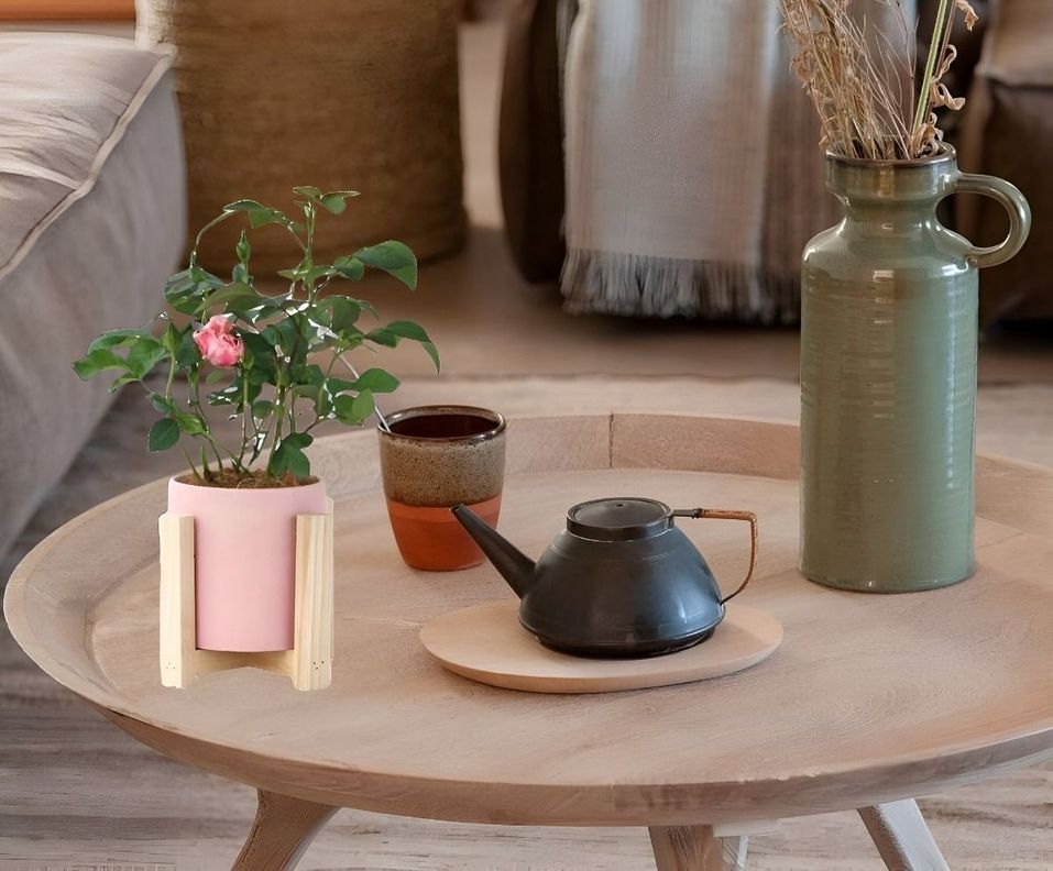 Maceta Cerámica Creativa Nórdica Soporte Madera Jhn-5