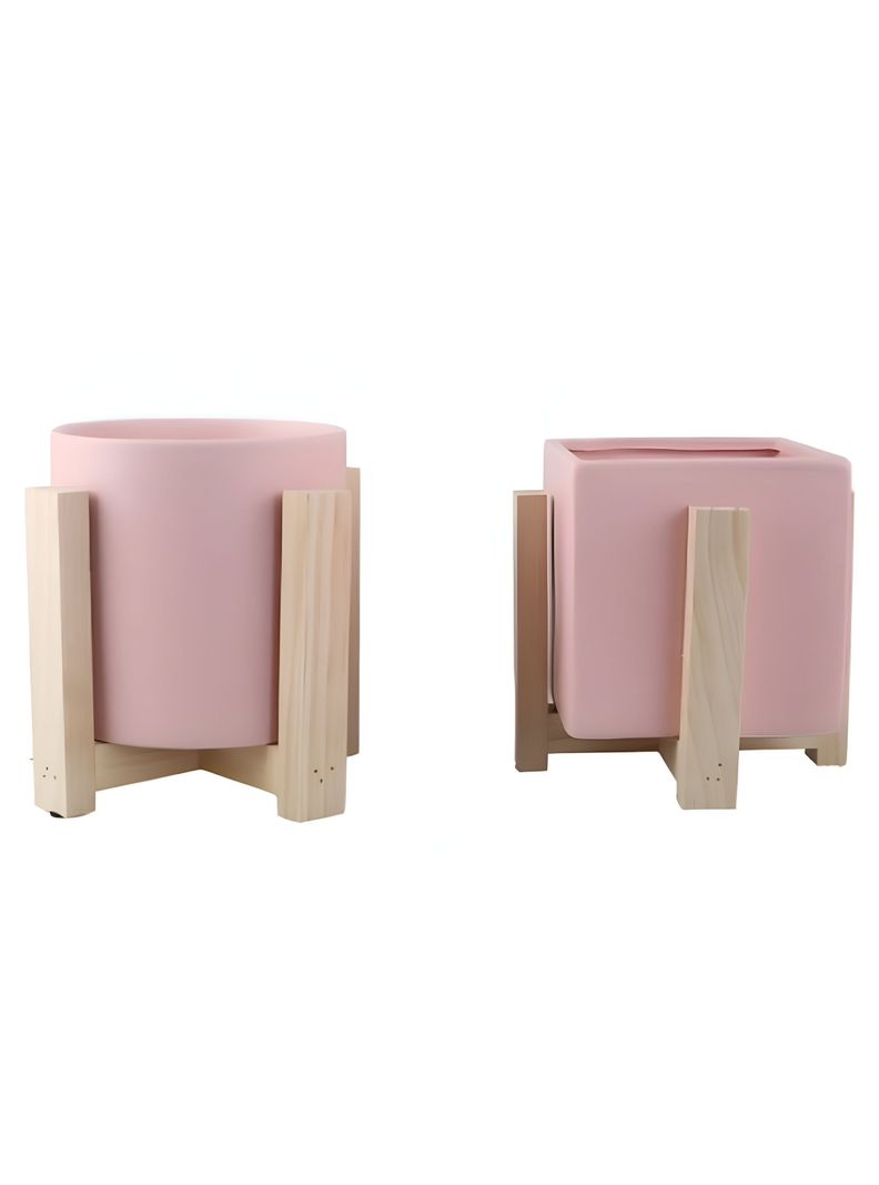 Maceta Cerámica Creativa Nórdica Soporte Madera Jhn-1