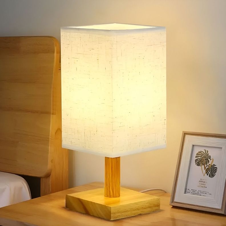 Lámpara Mesa Decorativa Base Madera Cuadrada Beige Jhn-2