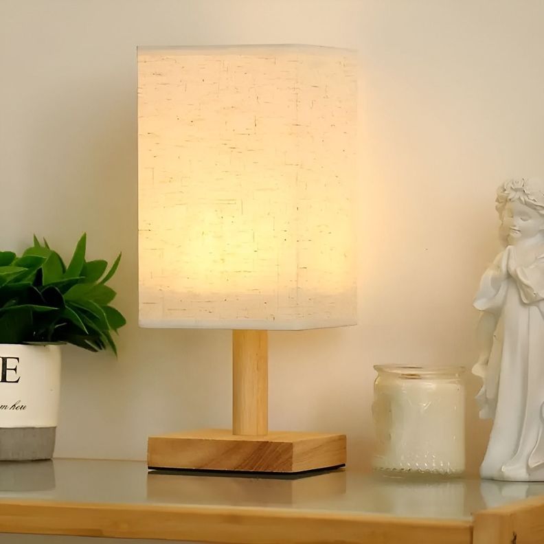 Lámpara Mesa Decorativa Base Madera Cuadrada Beige Jhn-3