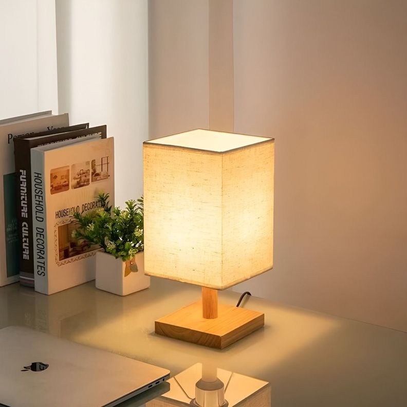 Lámpara Mesa Decorativa Base Madera Cuadrada Beige Jhn-4