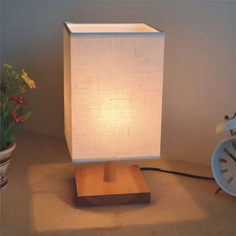 Lámpara Mesa Decorativa Base Madera Cuadrada Beige Jhn-6