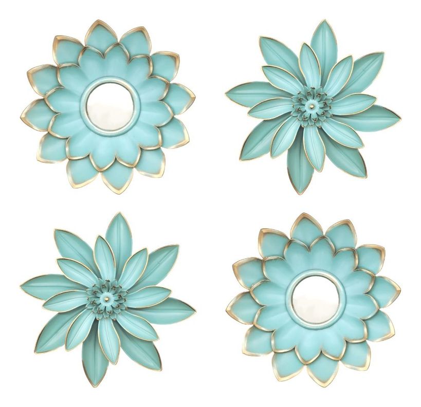 Set 4 Espejos Y Flores De Loto Decorativos Turquesa Jhn-0
