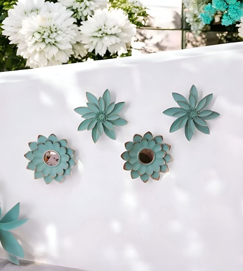 Set 4 Espejos Y Flores De Loto Decorativos Turquesa Jhn-1