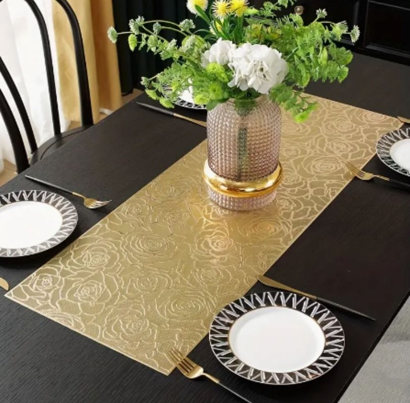 Set de 3 Mantel Decorativo Dorado Plata Floral Relieve Jhn-2