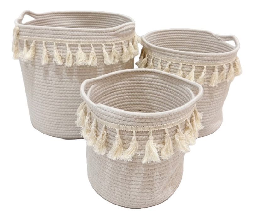 Set de 3 Cesta Canasto Decorativo Cuerda Algodón Macramé Jhn-0