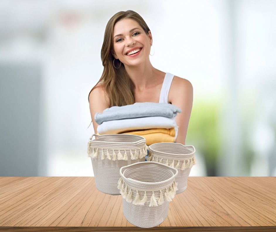 Set de 3 Cesta Canasto Decorativo Cuerda Algodón Macramé Jhn-2