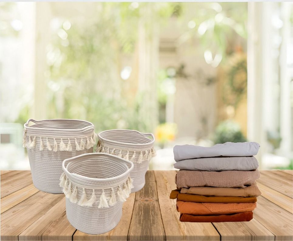 Set de 3 Cesta Canasto Decorativo Cuerda Algodón Macramé Jhn-3