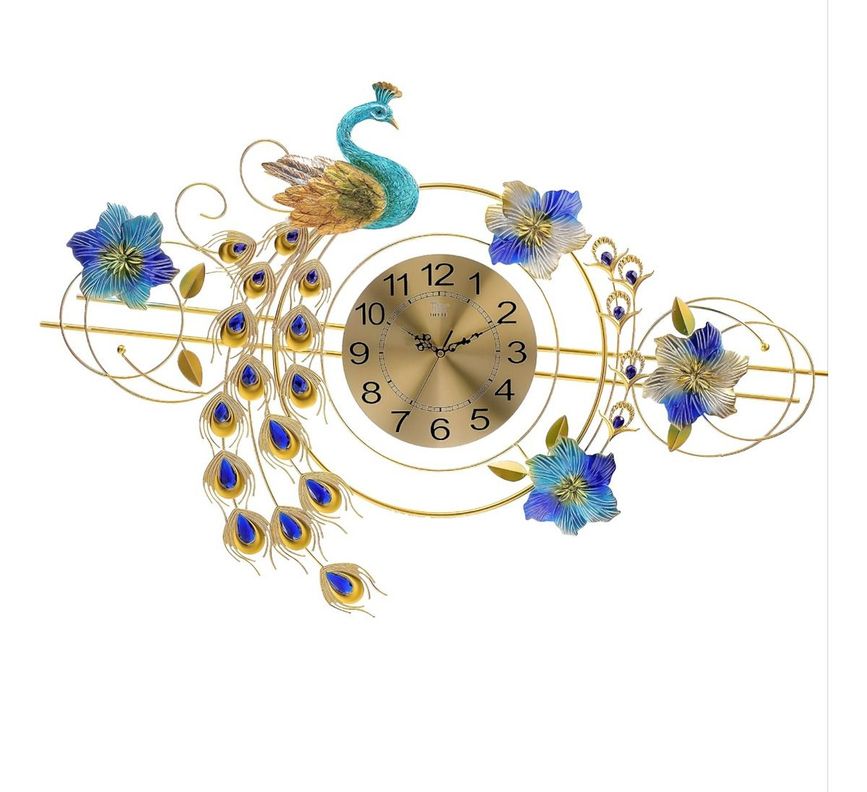 Reloj Pared 3D Decorativo Silencioso Pavo Real Floral Jhn-0