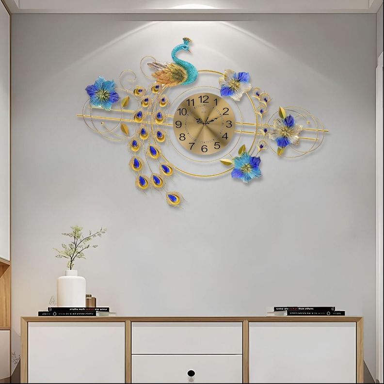 Reloj Pared 3D Decorativo Silencioso Pavo Real Floral Jhn-2