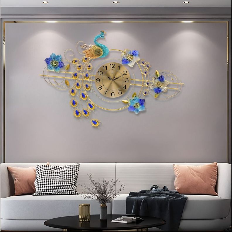 Reloj Pared 3D Decorativo Silencioso Pavo Real Floral Jhn-4