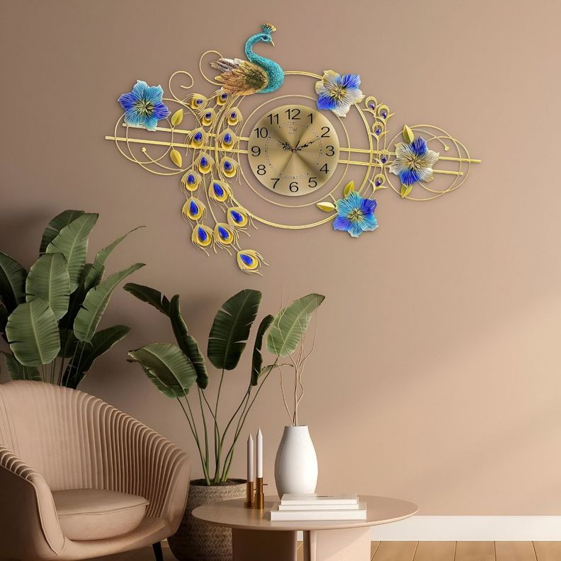 Reloj Pared 3D Decorativo Silencioso Pavo Real Floral Jhn-5