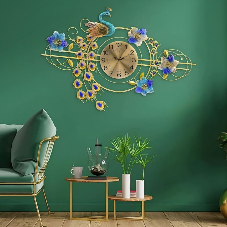 Reloj Pared 3D Decorativo Silencioso Pavo Real Floral Jhn-7