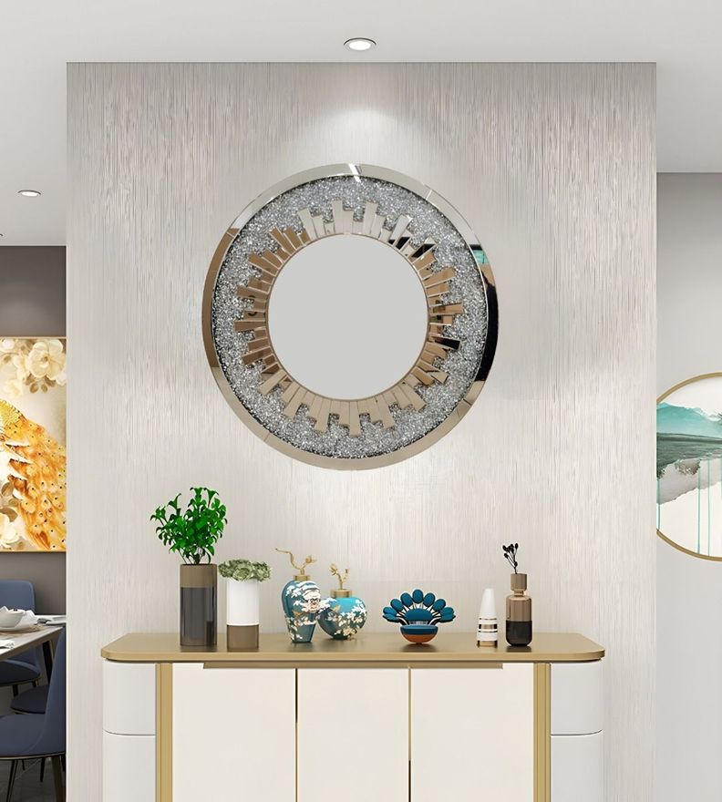 Espejo Pared Estilo Diamante Cristal Redondo Plateado Jhn-4