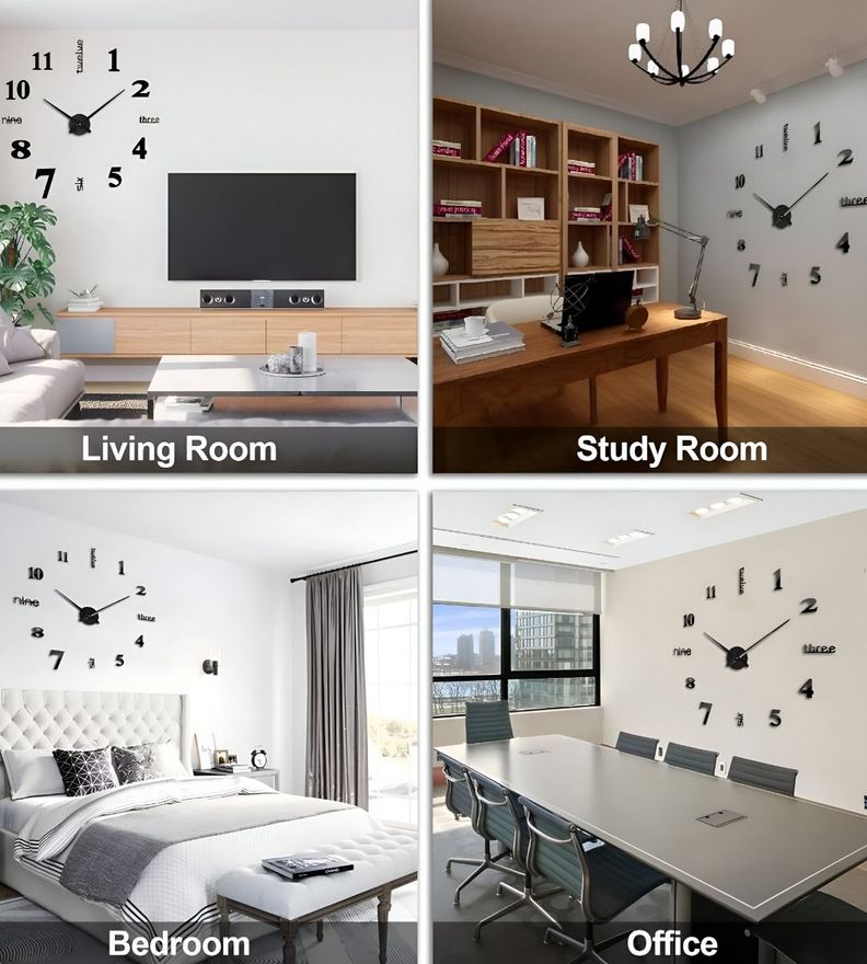Reloj Pared Grande 3D Sin Marco Decoración Negro Jhn-3