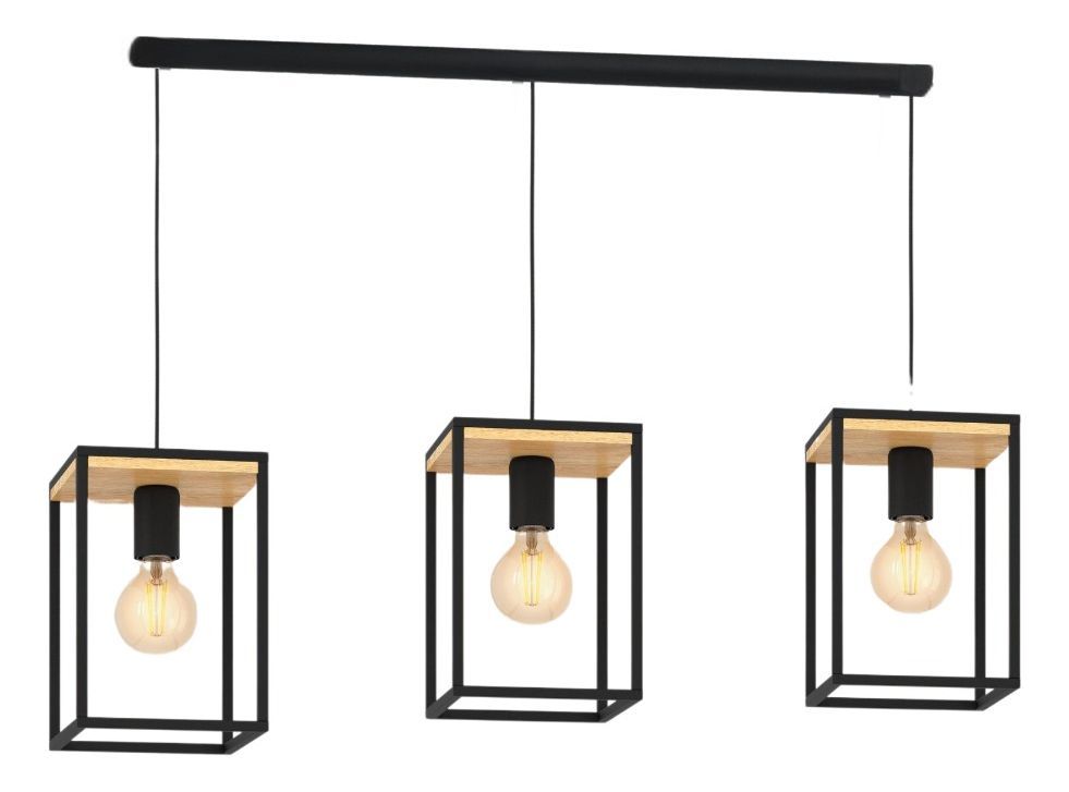 Lámpara Colgante Industrial 3 Luces Marco Metal Madera Jhn-0