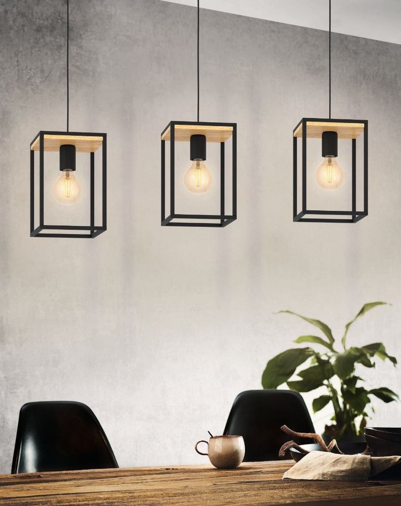 Lámpara Colgante Industrial 3 Luces Marco Metal Madera Jhn-2