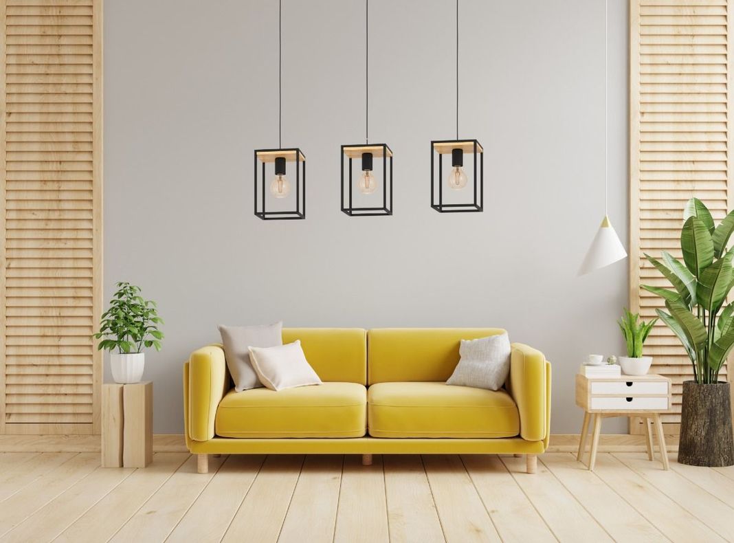 Lámpara Colgante Industrial 3 Luces Marco Metal Madera Jhn-7