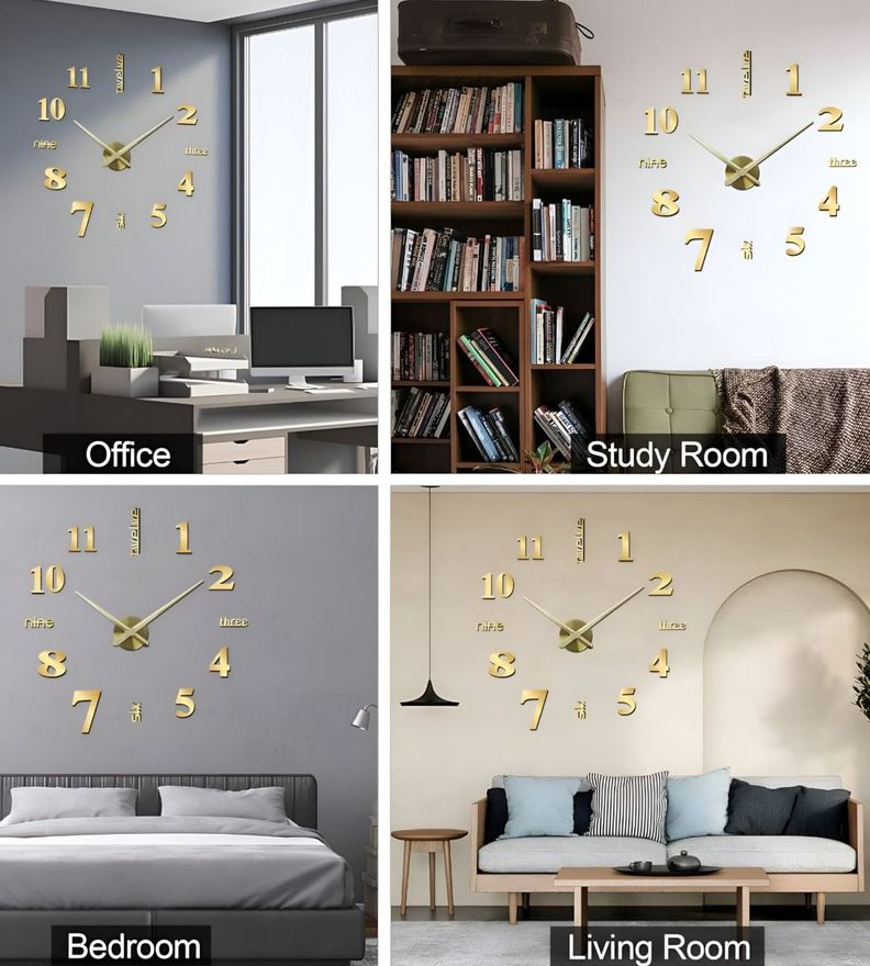 Reloj Pared 3D Grande Decoración Dorado Sin Marco Jhn-3