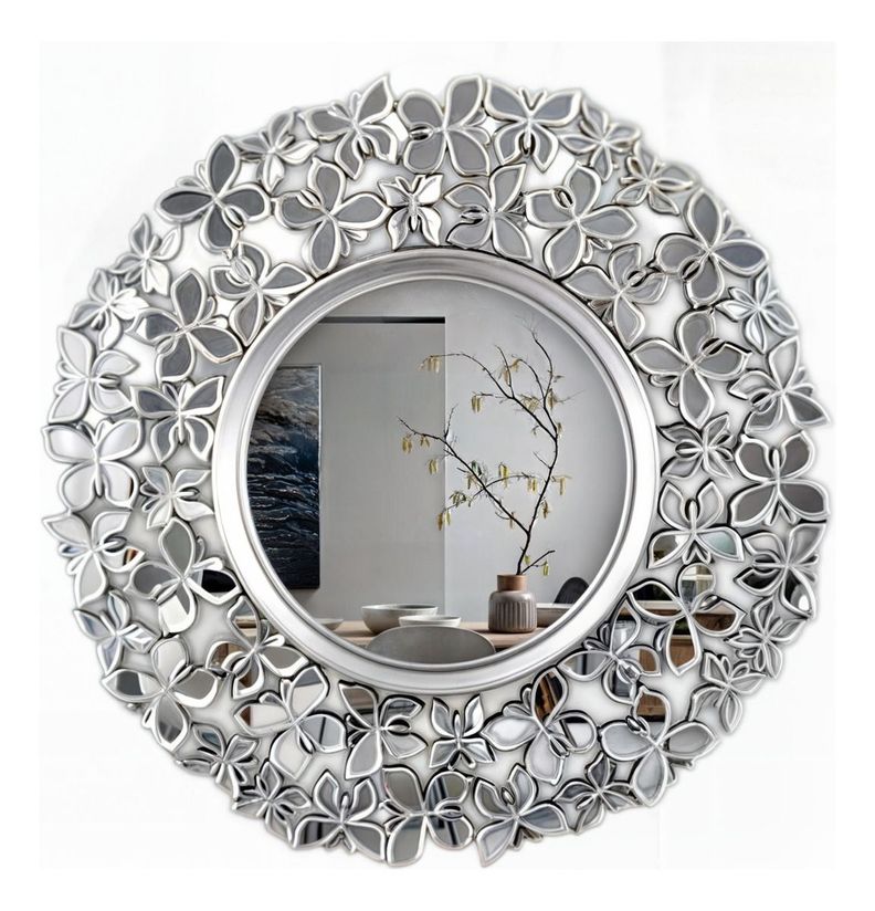 Espejo Decorativo Marco Plateado Mariposas Redondo 60cm Jhn-1