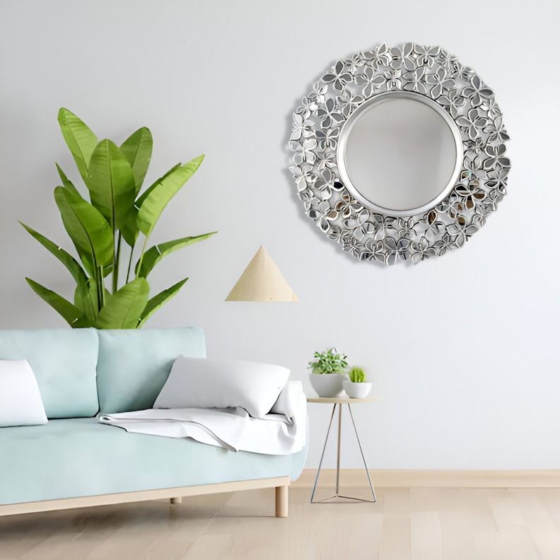 Espejo Decorativo Marco Plateado Mariposas Redondo 60cm Jhn-4